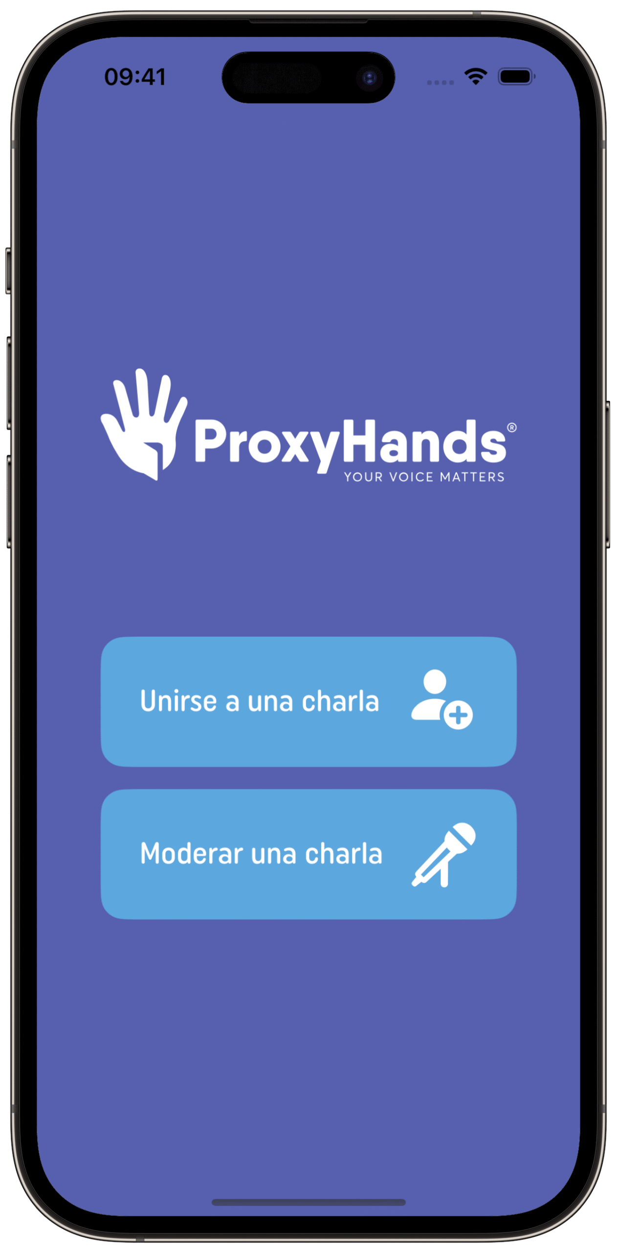 proxy Captura de la app de proxyhands, con sus dos botones, unirse a una charla y moderar una charla